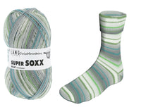 Lang Super Soxx Silk Sock Yarn 666 Swiss Mountains 100 gram ball with sample illustration of sock showing striping pattern in the color 408