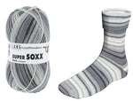 Lang Super Soxx Silk Sock Yarn 666 Swiss Mountains 100 gram ball with sample illustration of sock showing striping pattern in the color 409
