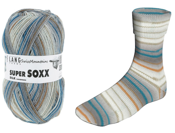 Lang Super Soxx Silk Sock Yarn 666 Swiss Mountains 100 gram ball with sample illustration of sock showing striping pattern in the color 411