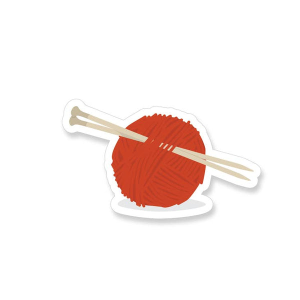 Vinyl Sticker with a red ball of yarn and knitting needles