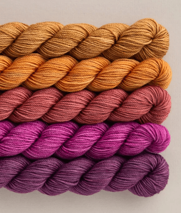 Sweet Georgia Party of Five Mini Skein Sets of Tough Love Sock yarn in the color combo Spring Fling