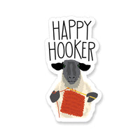 Vinyl Sticker with a sheep crocheting and the saying "Happy Hooker"