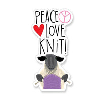 Vinyl Sticker with Sheep Knitting and the saying "Peace Love Knit!"