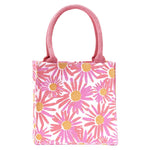 reusable gift bag mini tote knitting project bag - pink daisies