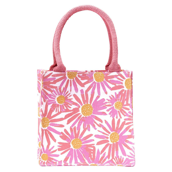 reusable gift bag mini tote knitting project bag - pink daisies