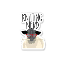 Vinyl Sticker with a sheep in glasses holding knitting needles and the saying "Knitting Nerd"