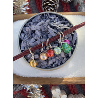 Purlsmith Stitch Marker Set in the Retro Glass Ornament color collection (gold, cream, red, light and dark green, pink)