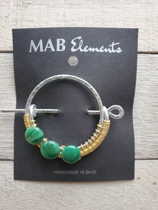 mixed metal shawl pin with 3 african aventurine stones