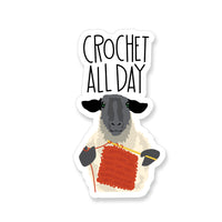 Vinyl Sticker with a sheep crocheting and the saying "Crochet All Day"