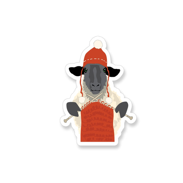 Vinyl Sticker with a sheep knitting and wearing knitted hat